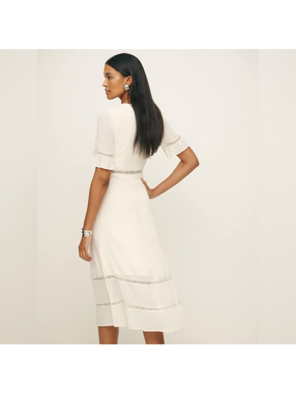 Reformation Woodson Cream Lace-Trim Button-Front Midi Dress - Picture 3 of 8